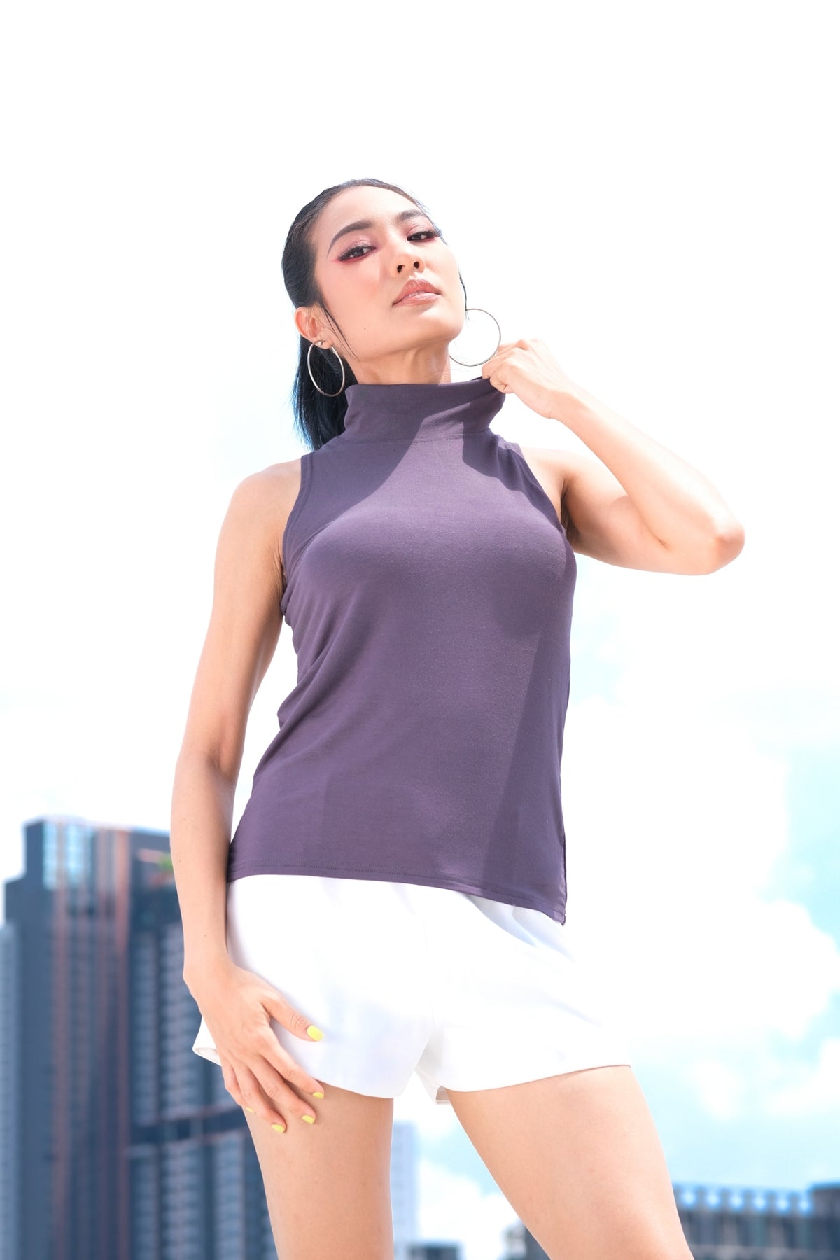 Camisole Paloma prune – camisole femme sans manches col montant, rayonne élasthanne