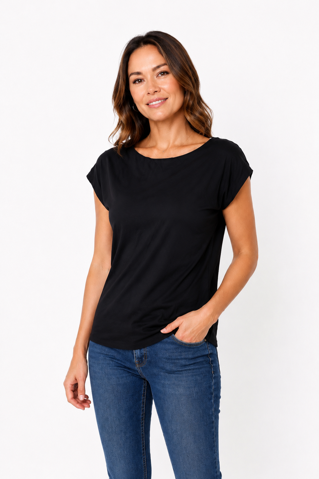Haut Melya noir – haut femme fluide col rond manches kimono, viscose élasthanne