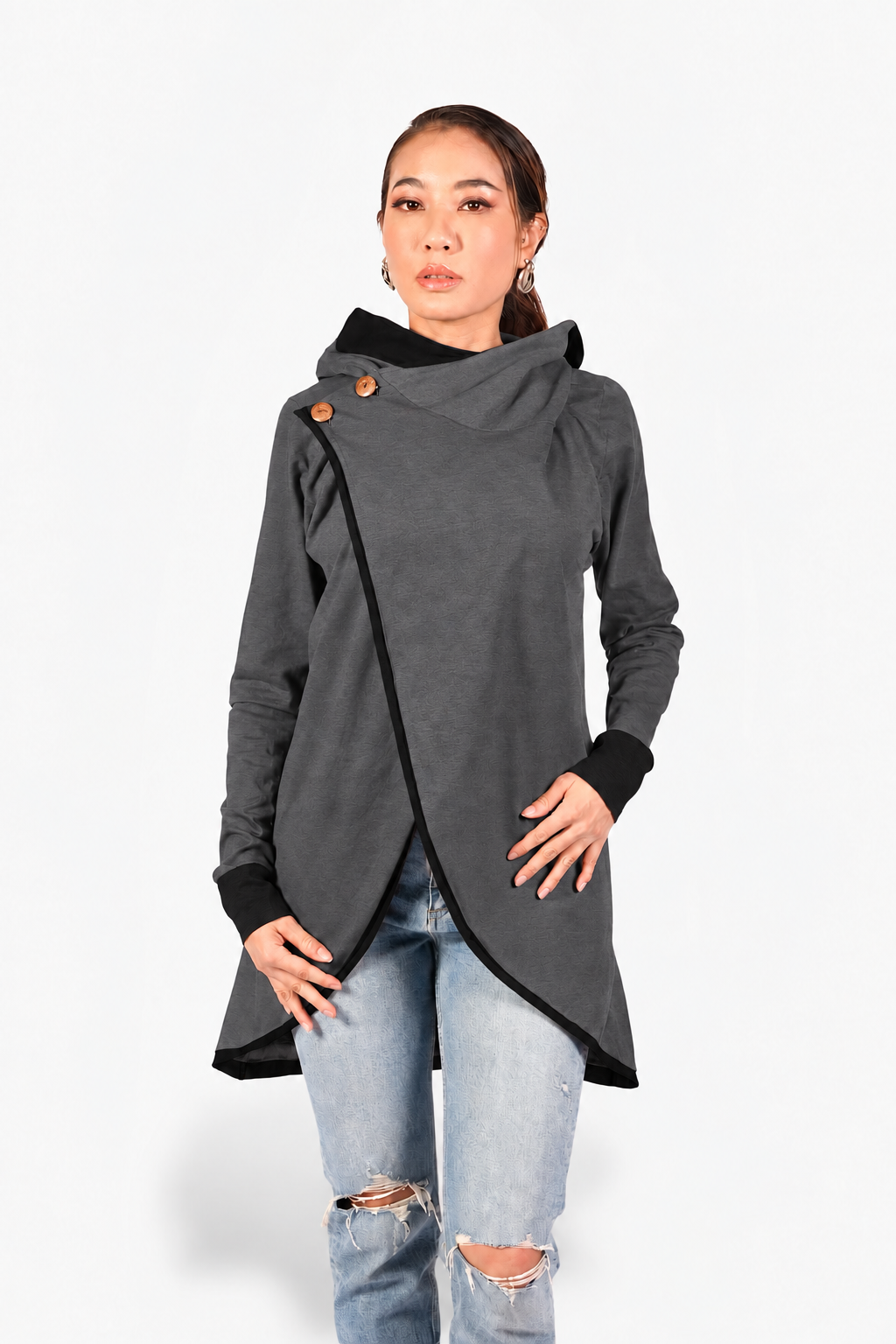 Tunique Alicia gris anthracite – tunique à capuche, devant croisé asymétrique et bordure noire
