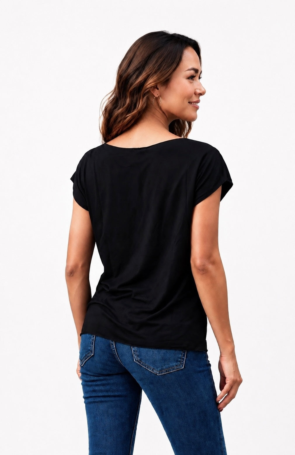 Haut Melya noir – haut femme fluide col rond manches kimono, viscose élasthanne