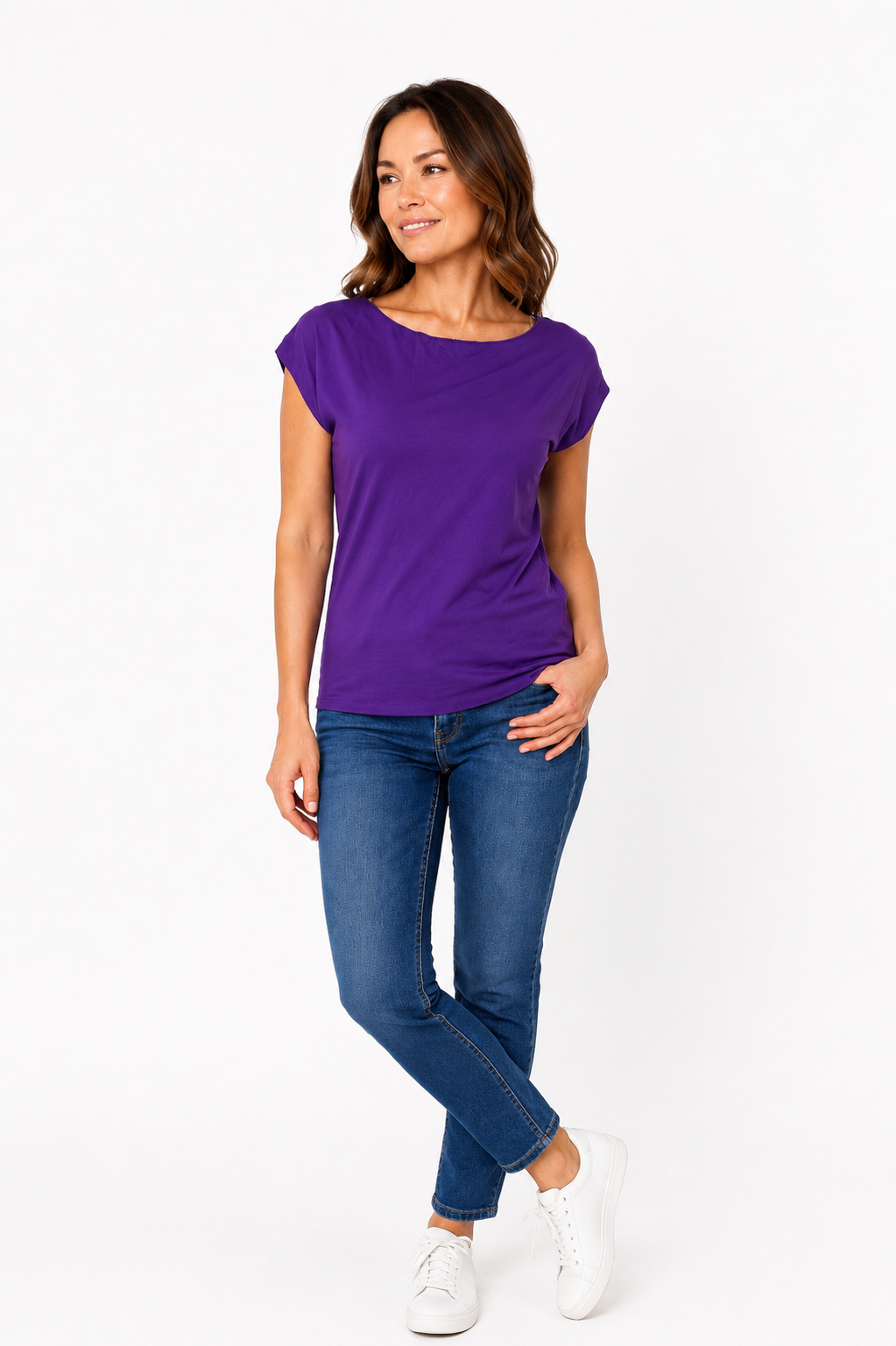 Haut Melya prune – haut femme fluide col rond manches kimono, viscose élasthanne