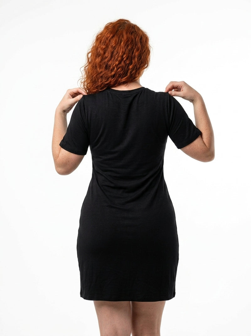 Robe Sylvianna noire – robe femme manches courtes col rond, poches froncées, viscose élasthanne