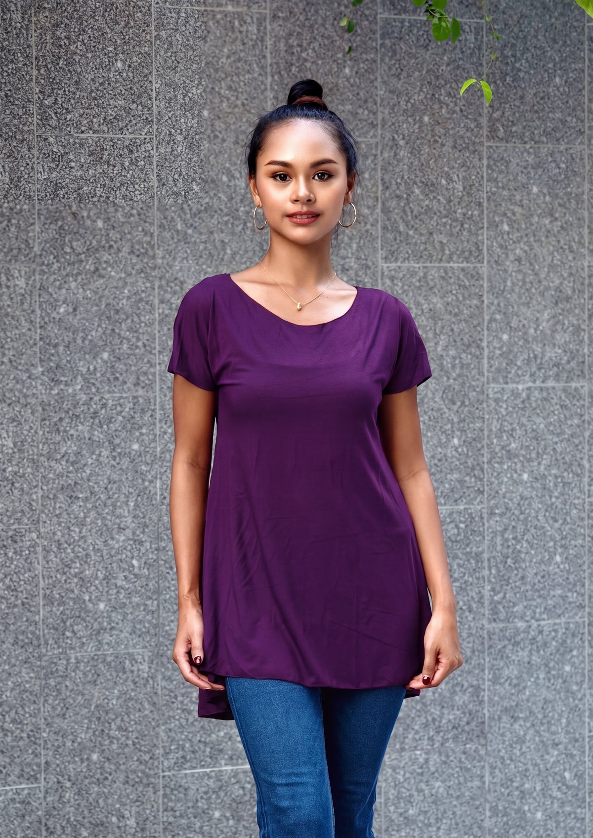 Haut Melinda prune – haut femme trapèze manches courtes, viscose élasthanne