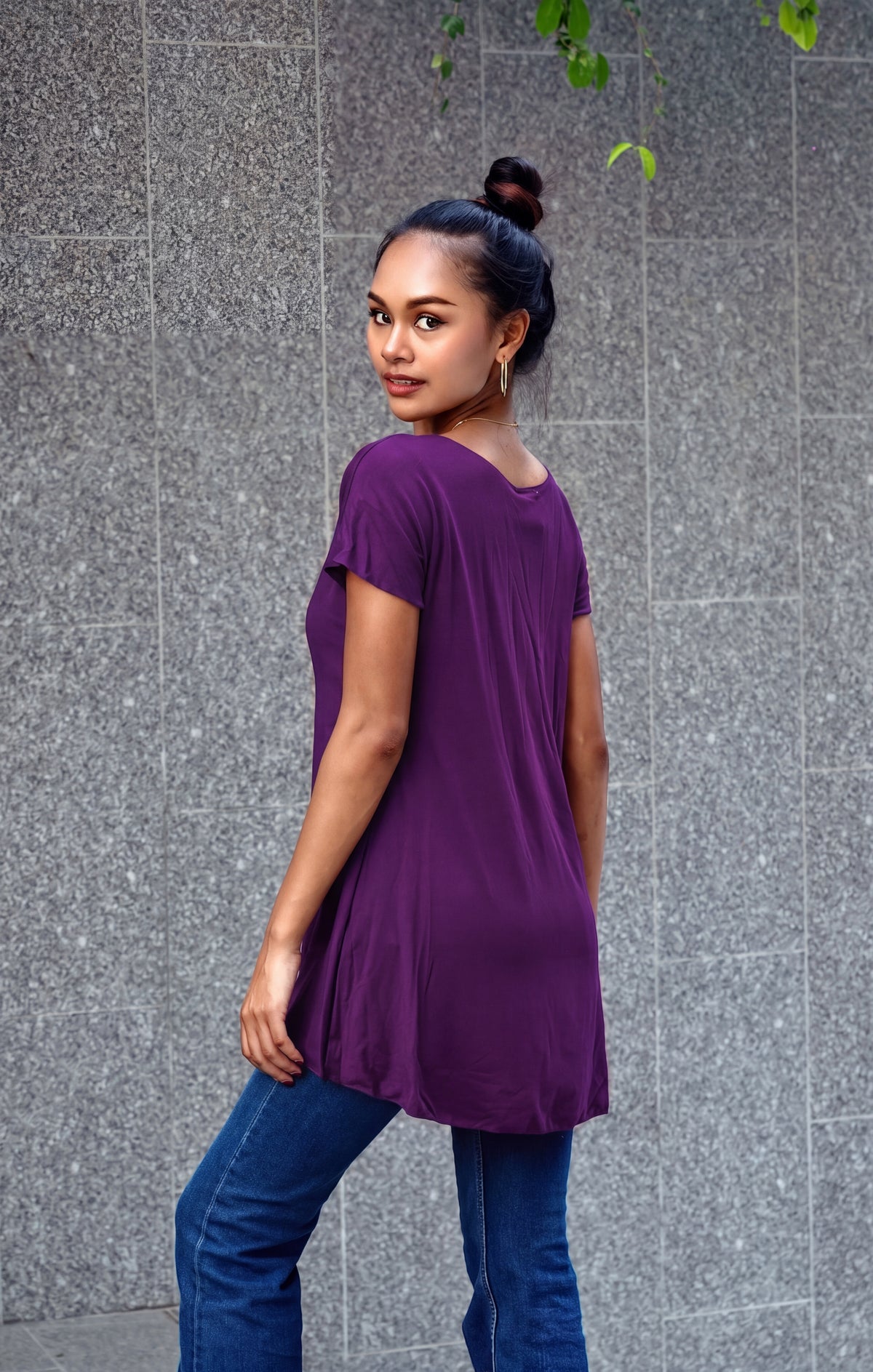 Haut Melinda prune – haut femme trapèze manches courtes, viscose élasthanne