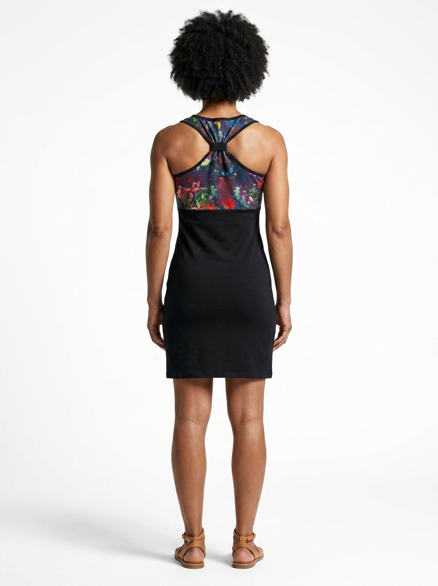 Robe Mia noire – robe femme ajustée sans manches, motif abstrait géométrique, viscose élasthanne