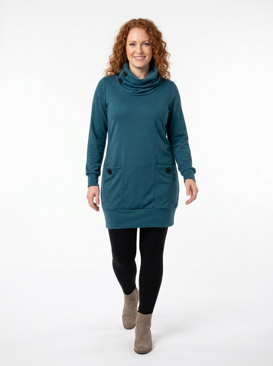 Robe-tunique Sylvia bleu canard, col drapé à boutons