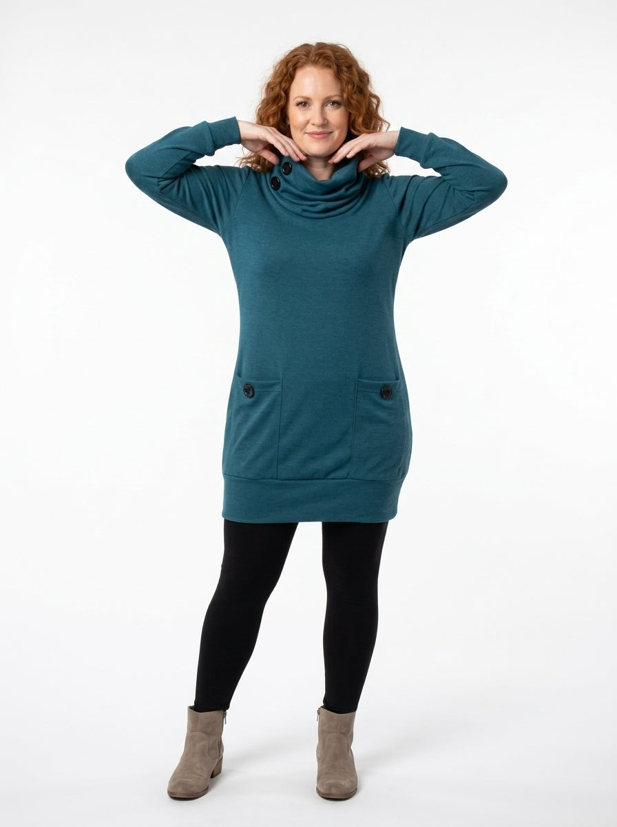 Robe-tunique Sylvia bleu canard, col drapé tenu à deux mains