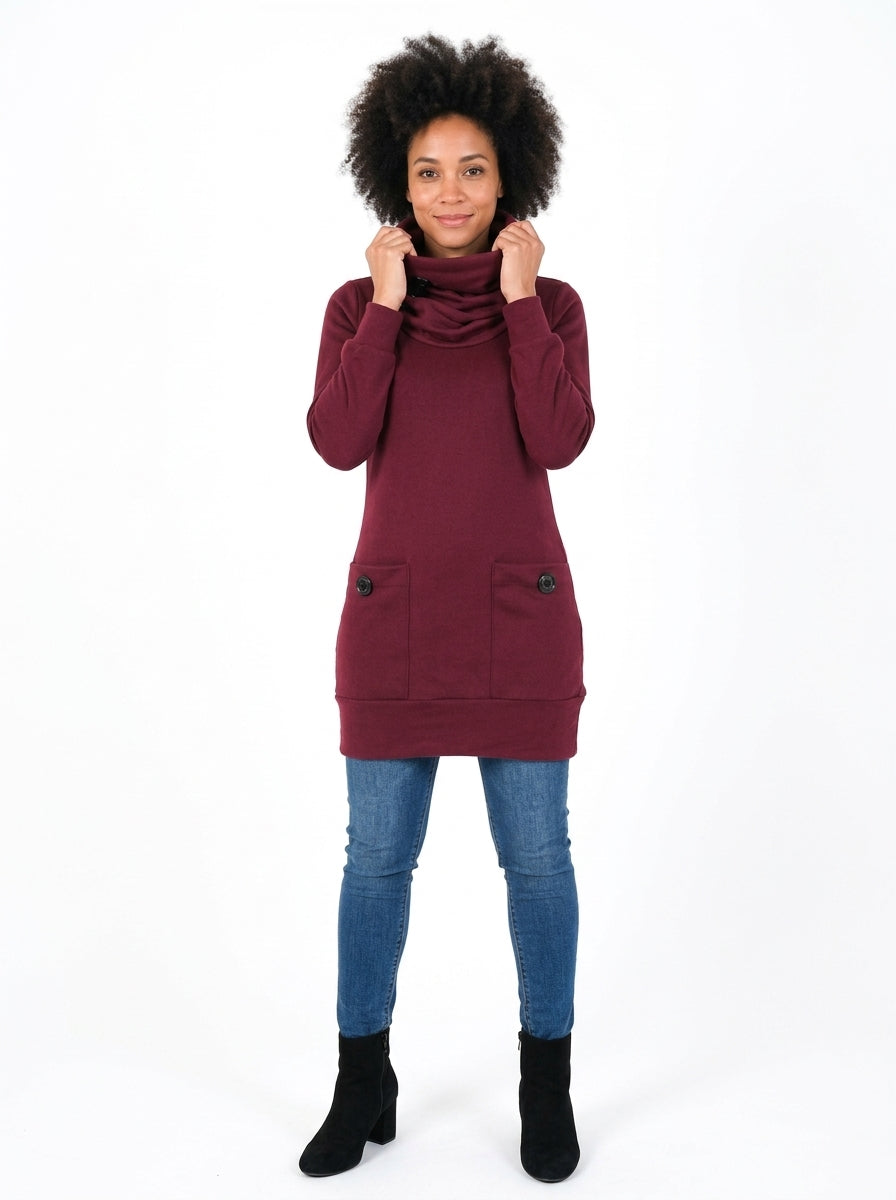 Robe-tunique Sylvia cerise, col drapé tenu à deux mains