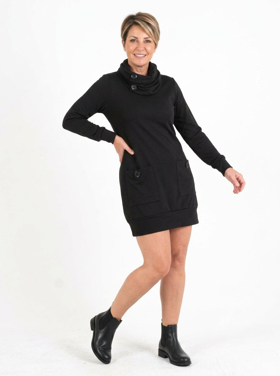 Robe-tunique Sylvia noire de face, longueur au-dessus du genou