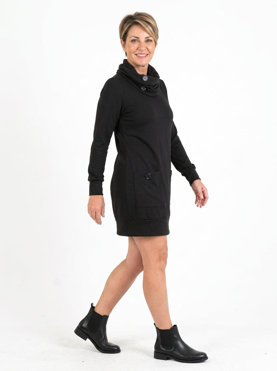 Robe-tunique Sylvia noire de profil, tombé de la tunique