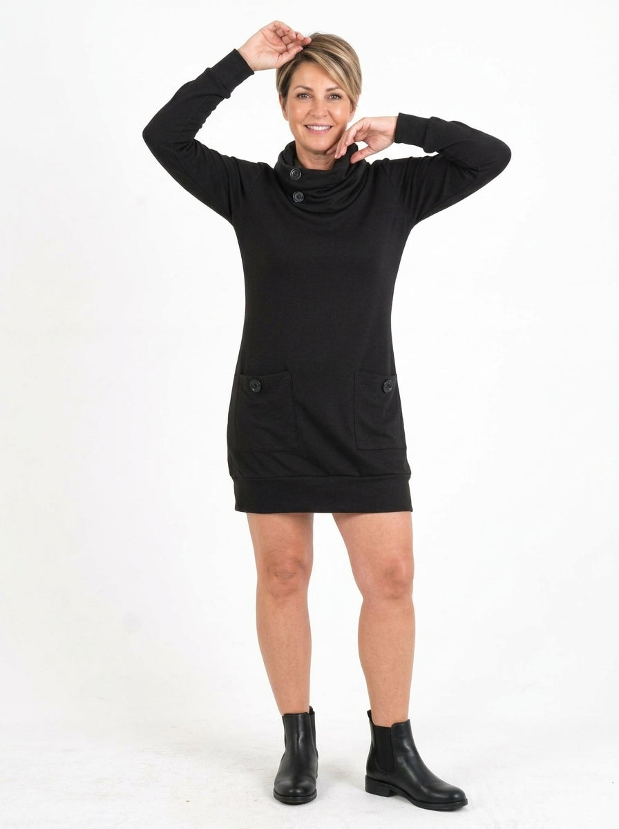 Robe-tunique Sylvia noire, col drapé à boutons