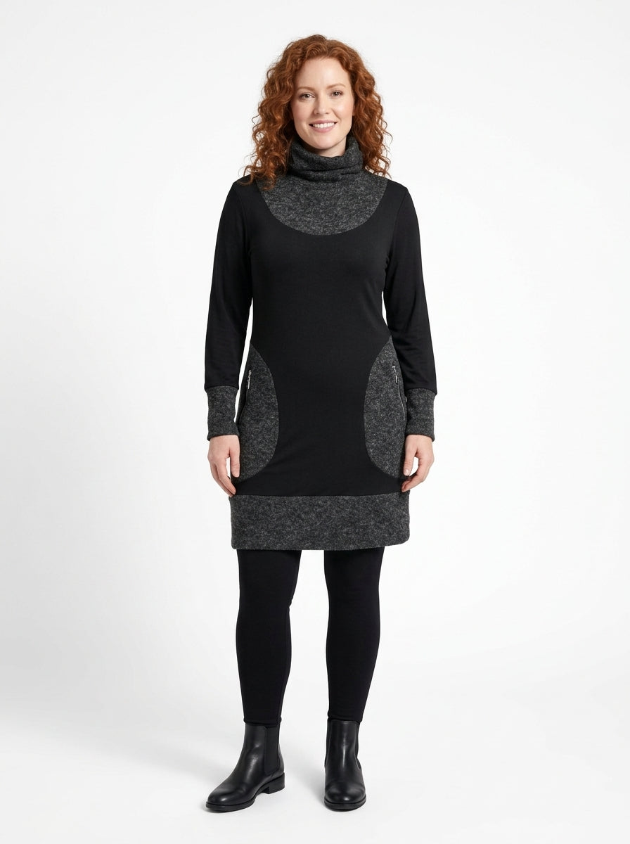 Robe Anna noire de face, poches rondes gris chiné et poignets contrastants