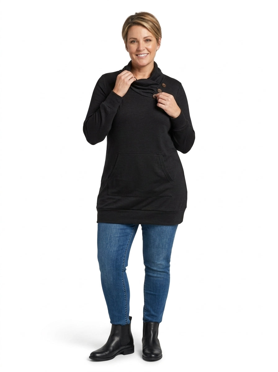 Robe Ophelia noire, col croisé à boutons