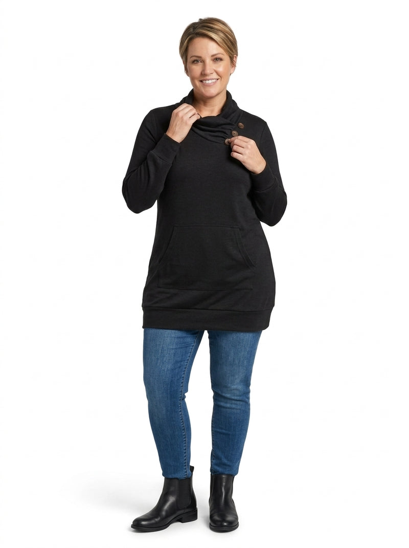 Robe Ophelia noire, col croisé à boutons