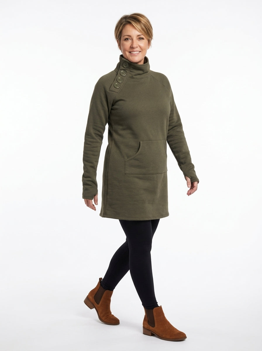 Robe Marie-Lys kaki de profil, longueur au-dessus du genou