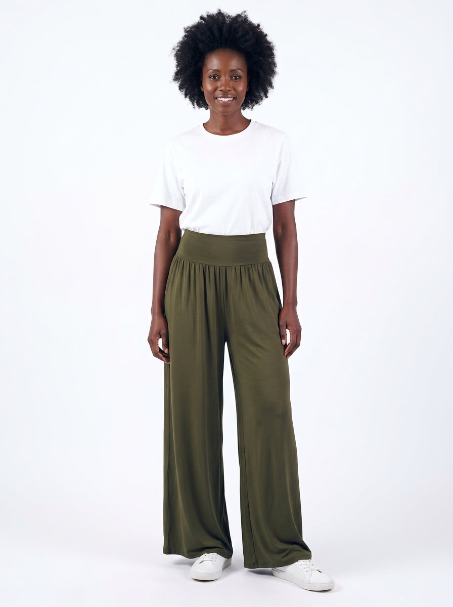 Pantalon Carla Long kaki, jambe large vue de face