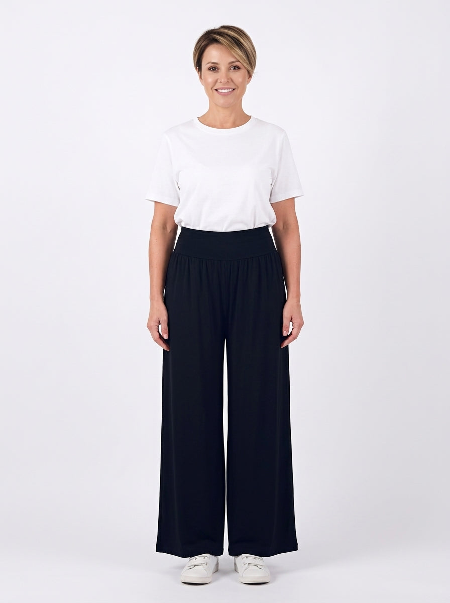 Pantalon Carla Long noir, taille haute élastiquée