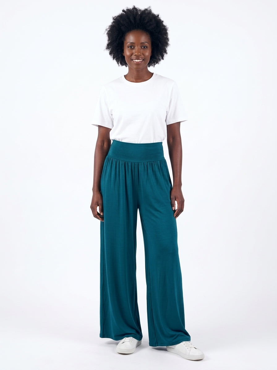 Pantalon Carla Long bleu canard, jambe large vue de face