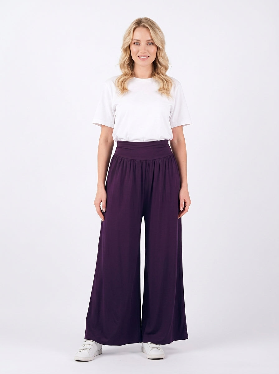 Pantalon Carla Long prune, jambe large vue de face