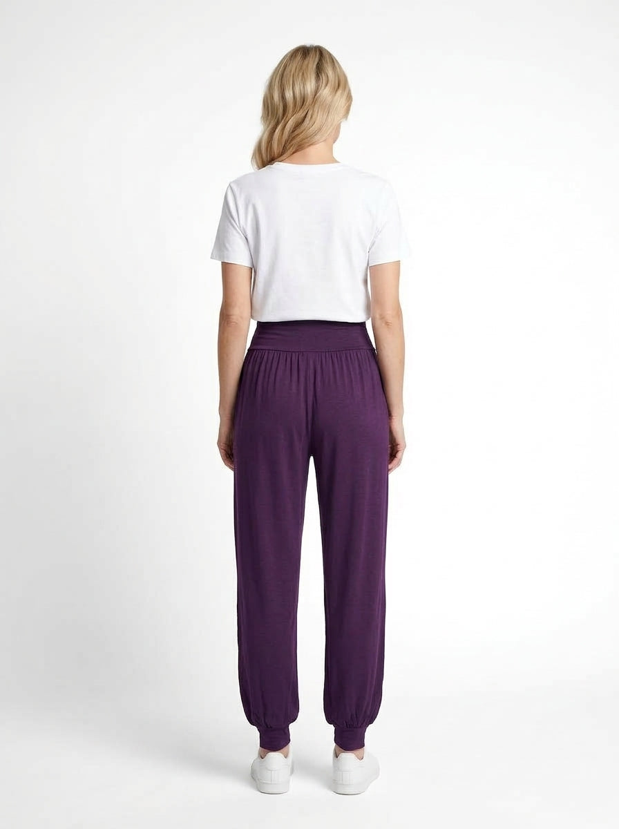 Pantalon Chloé Long prune de face, taille haute élastiquée