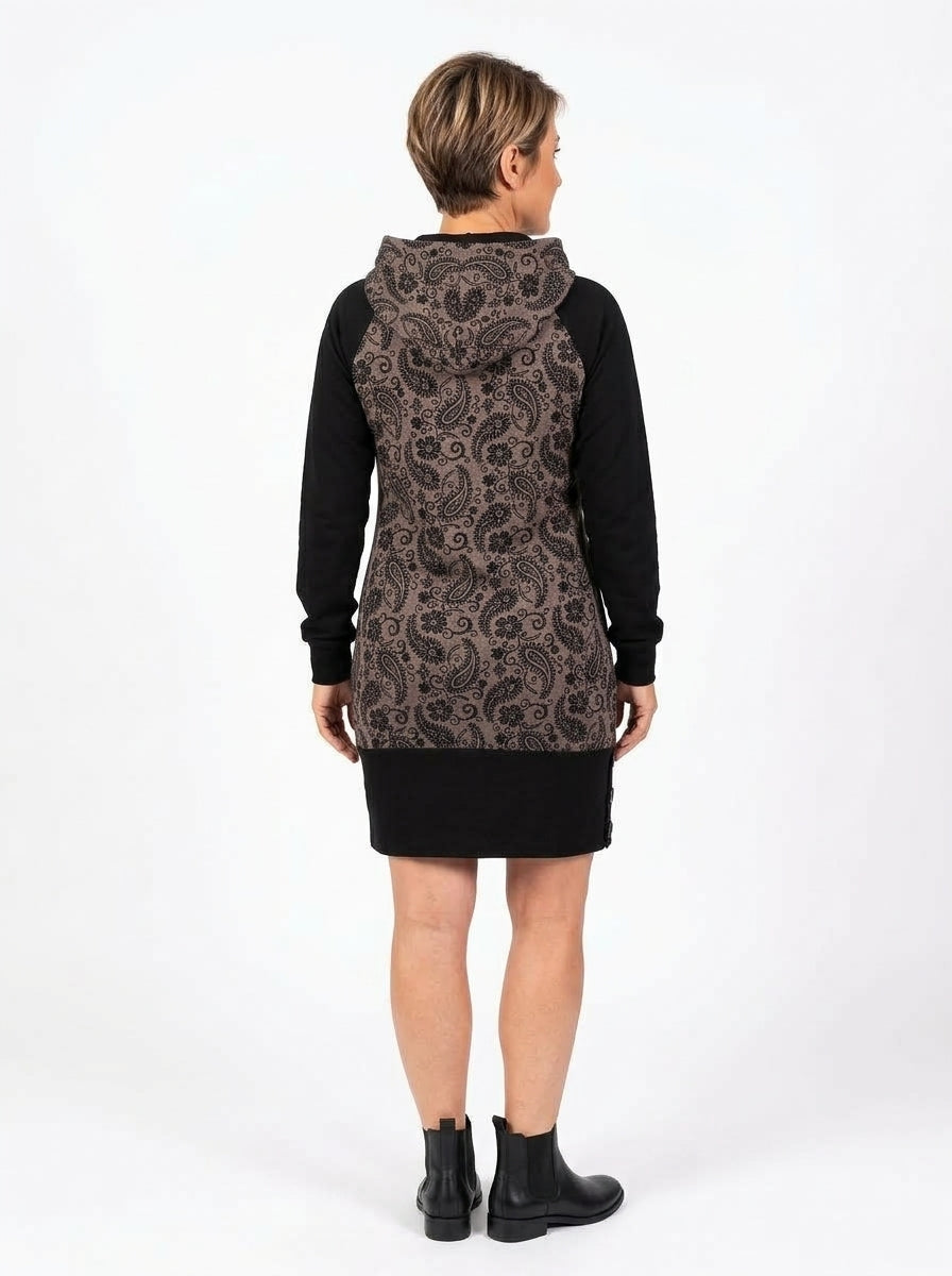 Robe Naïa vue de dos, capuche et imprimé cachemire gris taupe